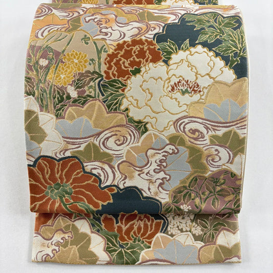 袋帶 名品級 關西仕立 草花紋紋 波紋 金絲 金金箔 奶油 六通 純蠶絲
