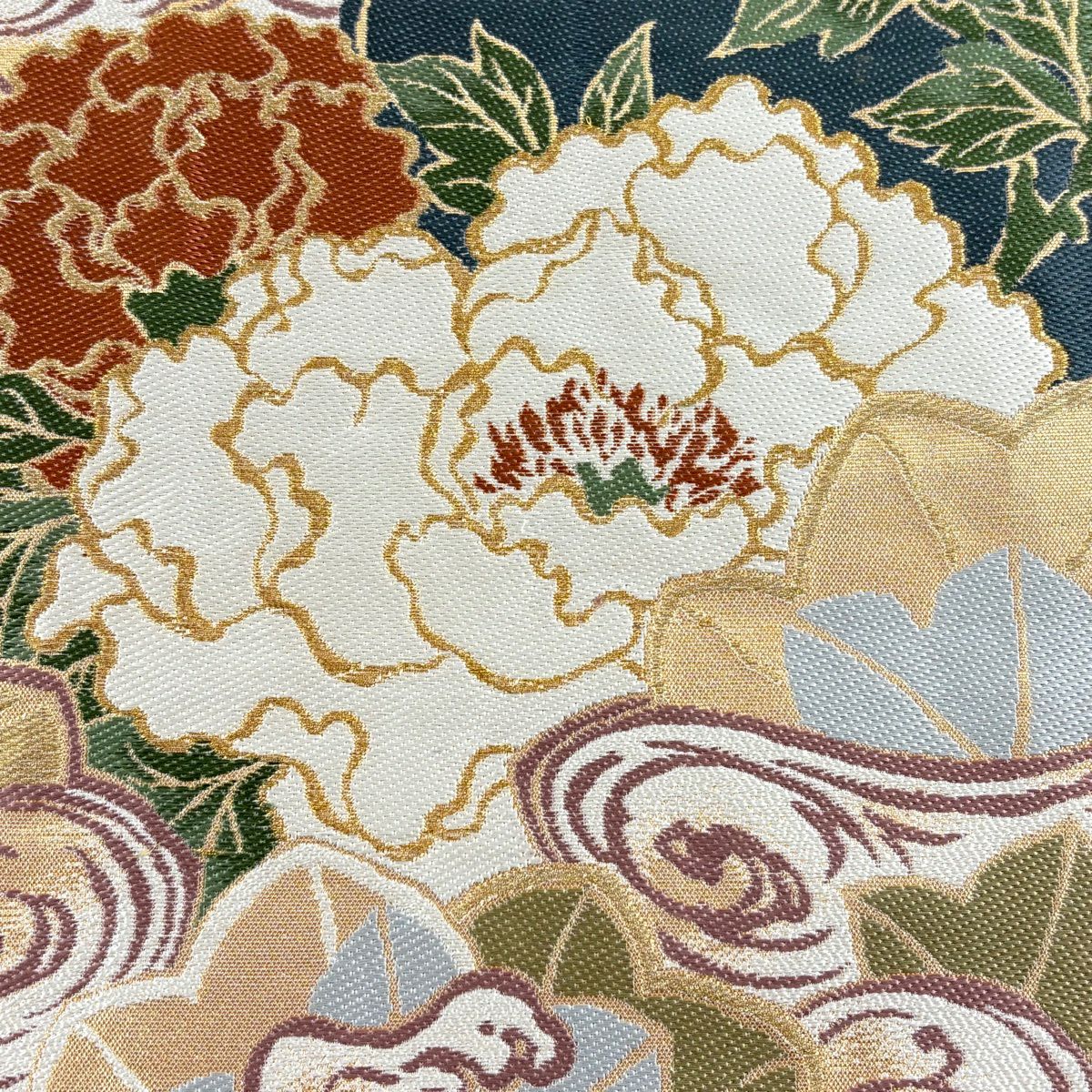 袋帶 名品級 關西仕立 草花紋紋 波紋 金絲 金金箔 奶油 六通 純蠶絲