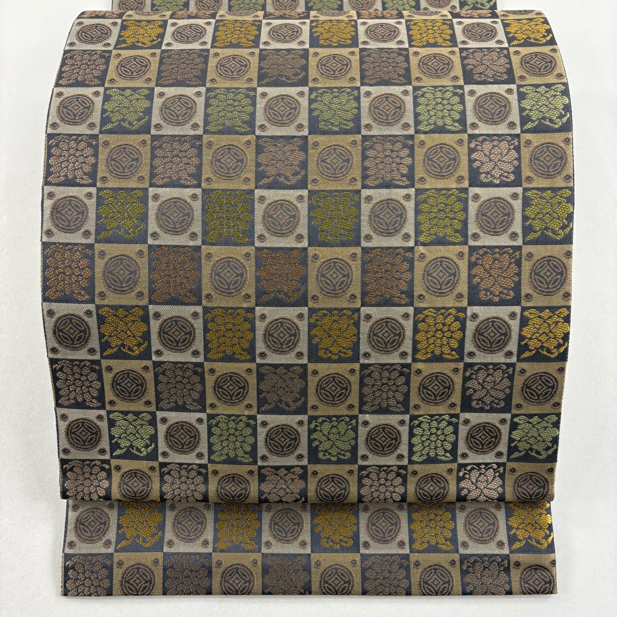 【美品】 袋帶 名品級 金金箔屋清兵衛 落款あり 市松樹 七寶紋 草木染 薄茶 深藍色 六通 純蠶絲