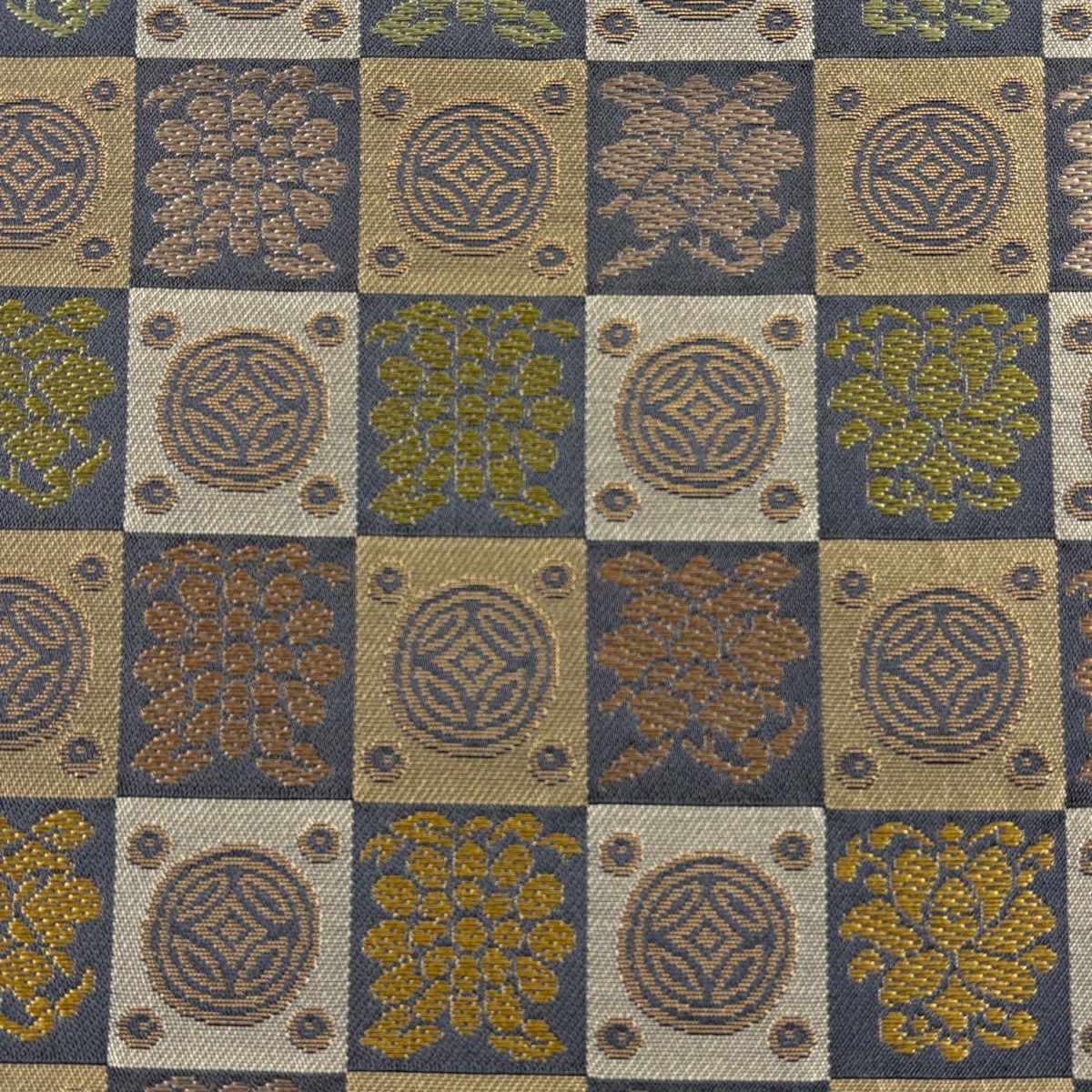 【美品】 袋帶 名品級 金金箔屋清兵衛 落款あり 市松樹 七寶紋 草木染 薄茶 深藍色 六通 純蠶絲