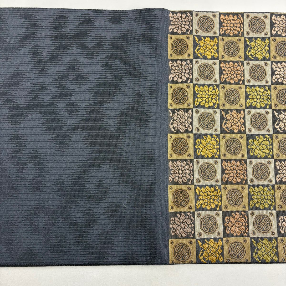 【美品】 袋帶 名品級 金金箔屋清兵衛 落款あり 市松樹 七寶紋 草木染 薄茶 深藍色 六通 純蠶絲