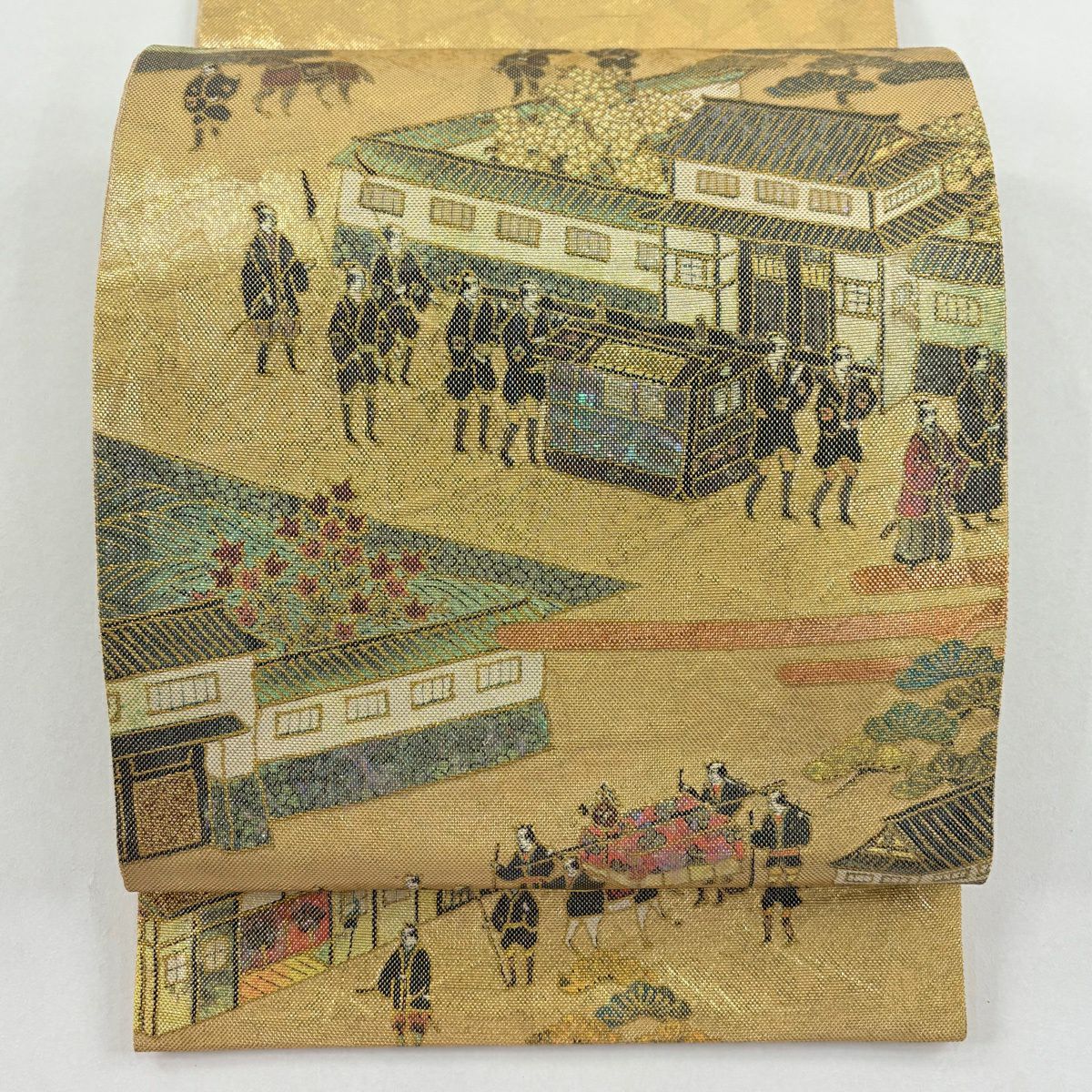 【美品】 袋帶 名品級 落款あり 建物 人物 螺鈿 金金箔 金色 お太鼓柄 純蠶絲