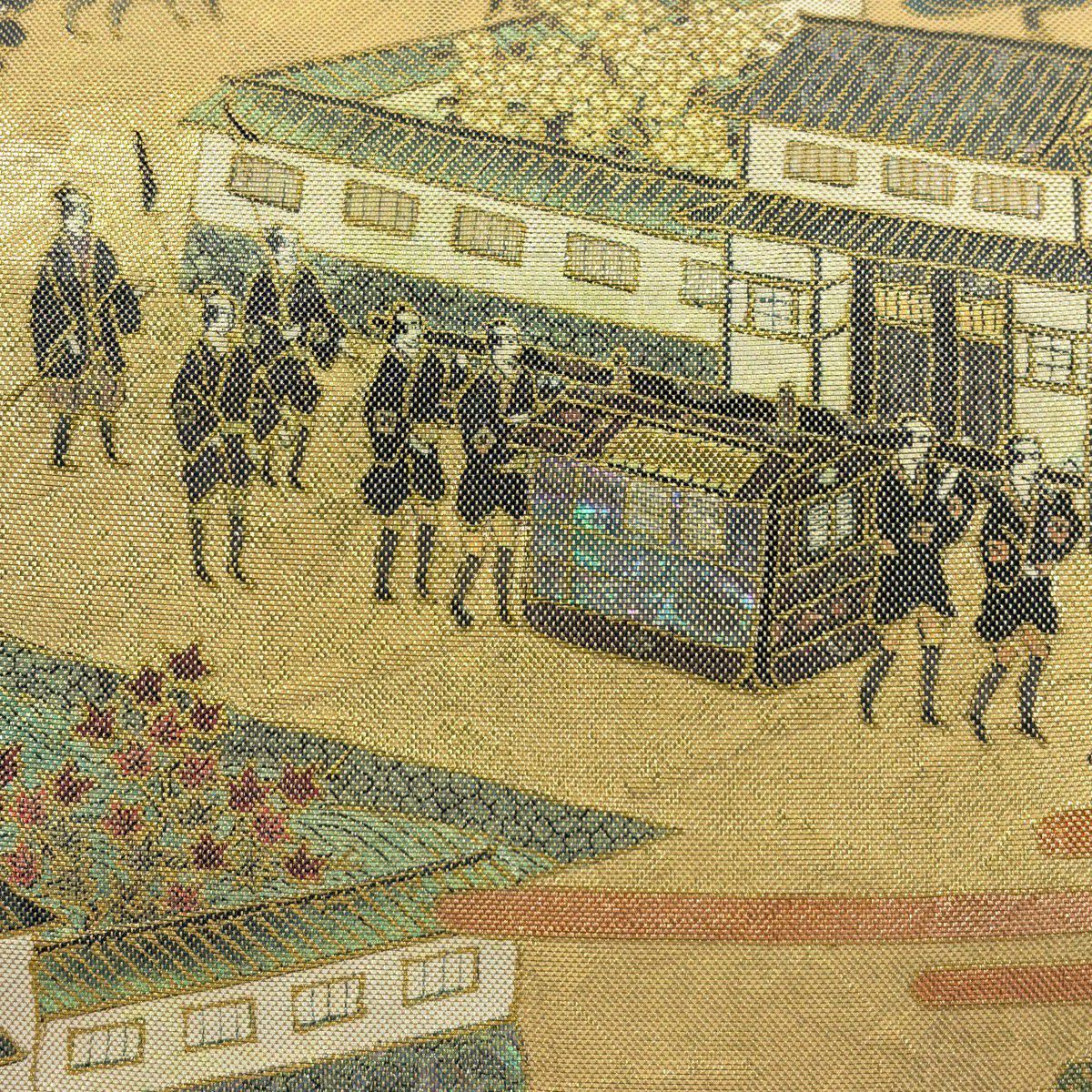 【美品】 袋帶 名品級 落款あり 建物 人物 螺鈿 金金箔 金色 お太鼓柄 純蠶絲