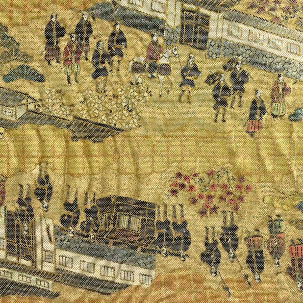 【美品】 袋帶 名品級 落款あり 建物 人物 螺鈿 金金箔 金色 お太鼓柄 純蠶絲