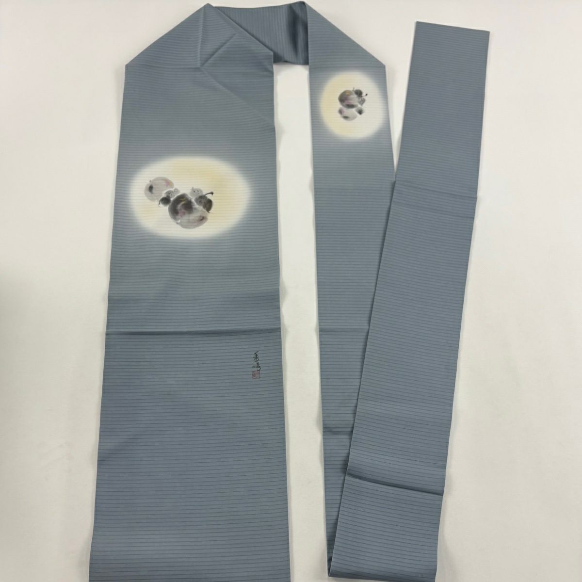 【美品】 名古屋帶 名品級 落款あり 生物 金銀彩 漸變 青灰色 純蠶絲