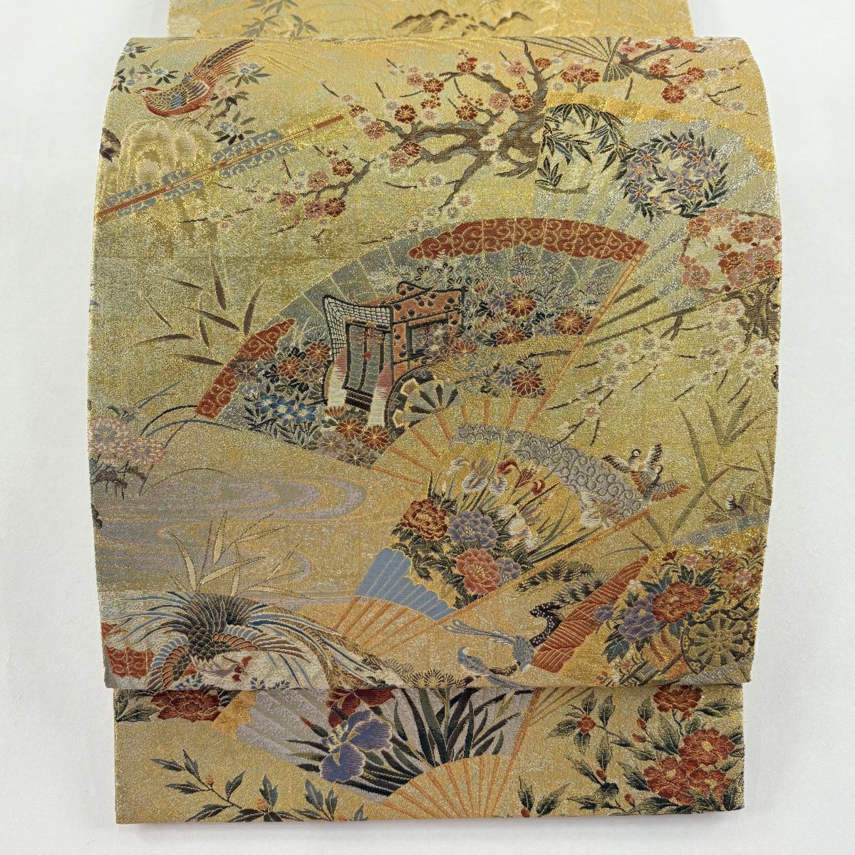 【美品】 袋帶 名品級 扇子子 御所車 金絲 金金箔 金色 大鼓圖案 純蠶絲