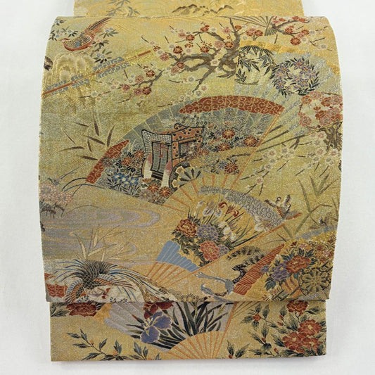 【美品】 袋帶 名品級 扇子子 御所車 金絲 金金箔 金色 大鼓圖案 純蠶絲