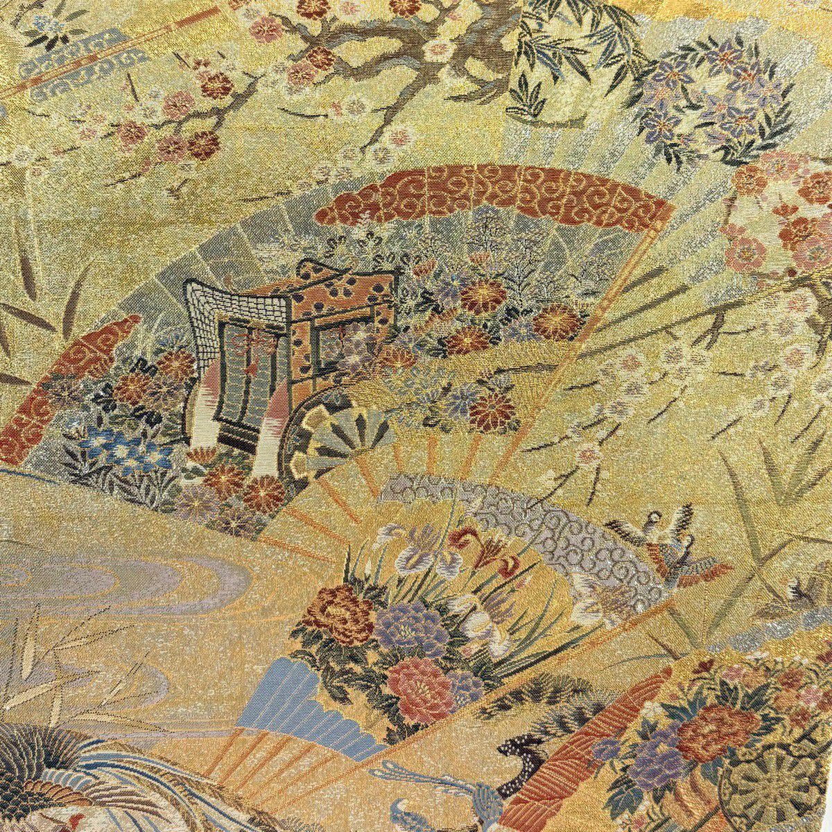 【美品】 袋帶 名品級 扇子子 御所車 金絲 金金箔 金色 大鼓圖案 純蠶絲