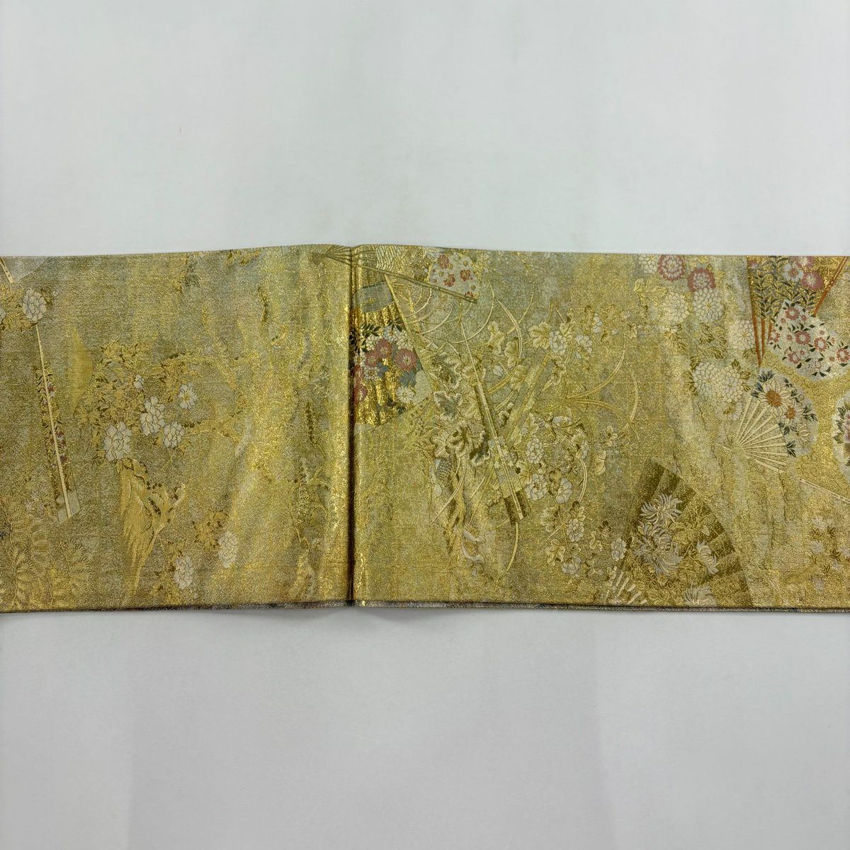 【美品】 袋帶 名品級 扇子子 御所車 金絲 金金箔 金色 大鼓圖案 純蠶絲
