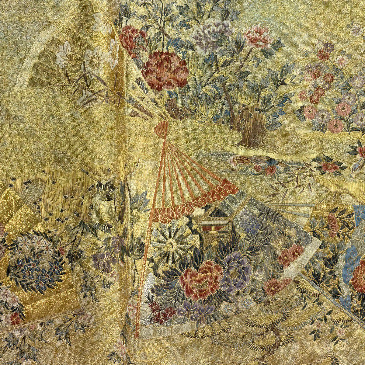 【美品】 袋帶 名品級 扇子子 御所車 金絲 金金箔 金色 大鼓圖案 純蠶絲