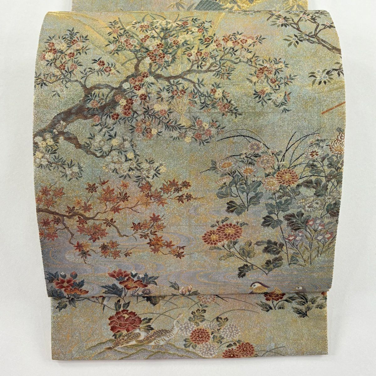 袋帶 名品級 扇子 草花紋 金糸 金金箔 灰綠 お太鼓柄 純蠶絲