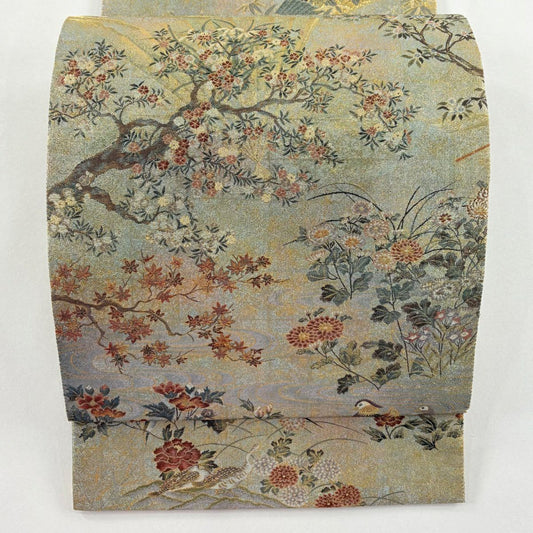 袋帶 名品級 扇子 草花紋 金糸 金金箔 灰綠 お太鼓柄 純蠶絲