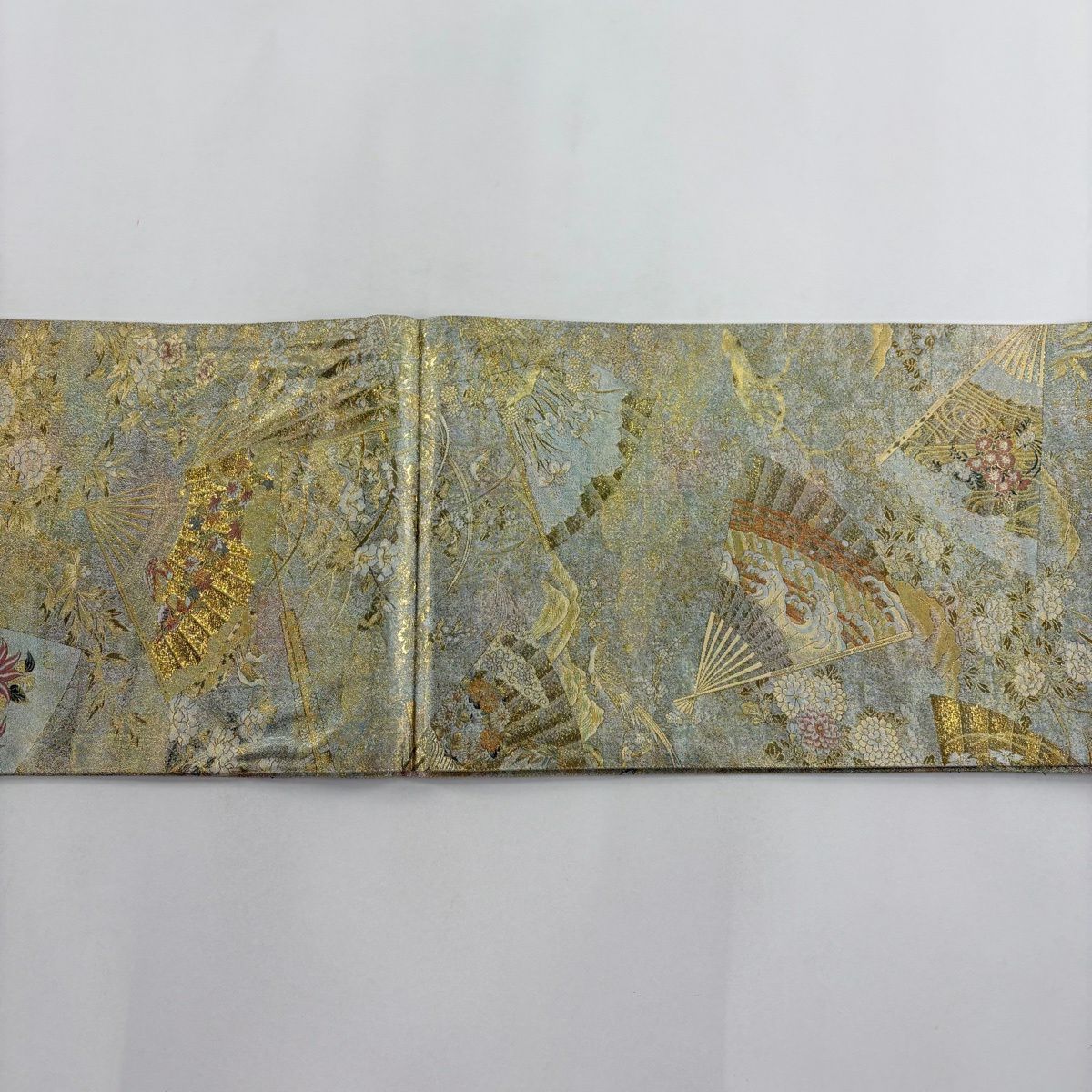 袋帶 名品級 扇子 草花紋 金糸 金金箔 灰綠 お太鼓柄 純蠶絲