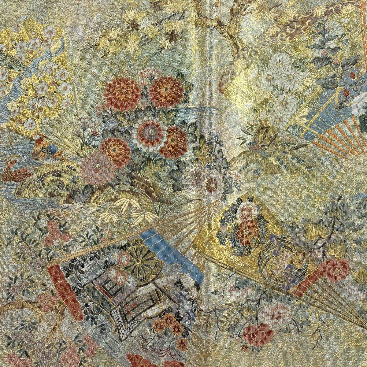 袋帶 名品級 扇子 草花紋 金糸 金金箔 灰綠 お太鼓柄 純蠶絲