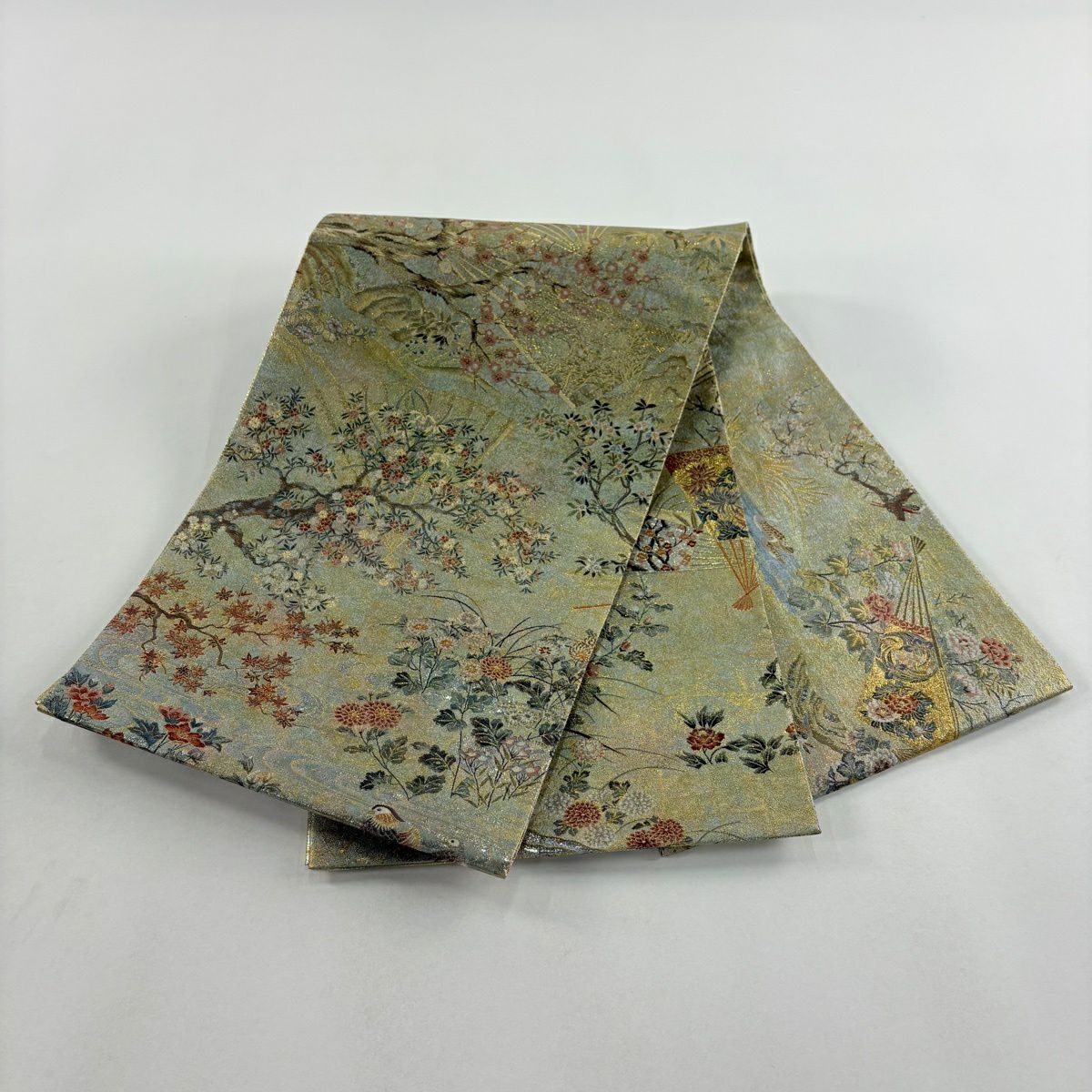 袋帶 名品級 扇子 草花紋 金糸 金金箔 灰綠 お太鼓柄 純蠶絲
