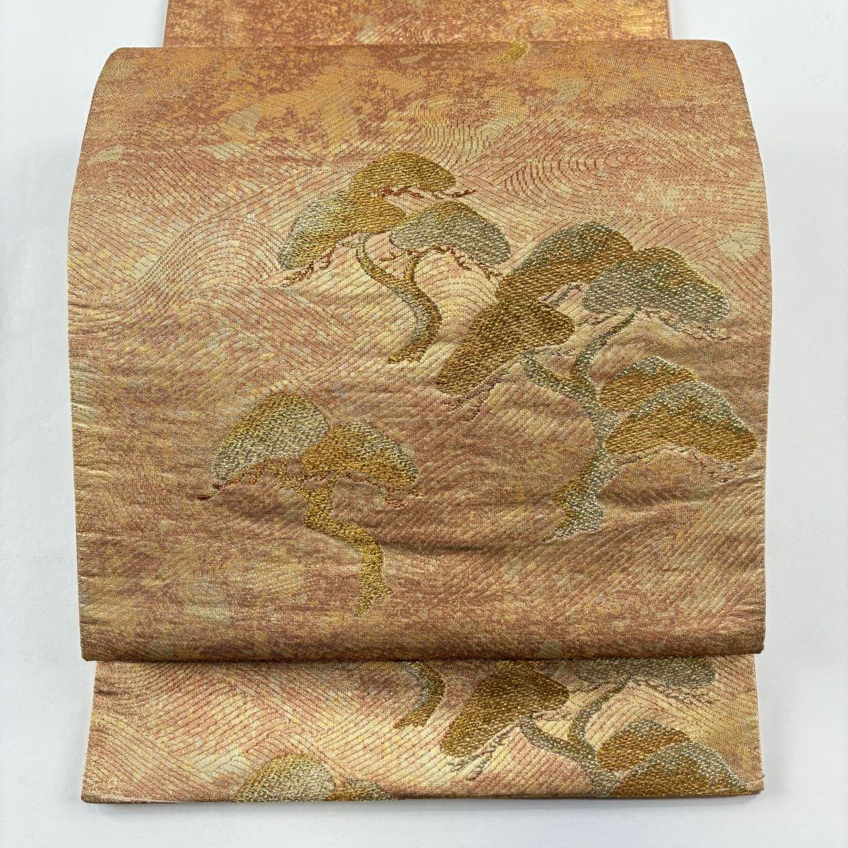 【美品】 袋帶 名品級 松樹 金絲 金金箔 淺橙 六通 純蠶絲