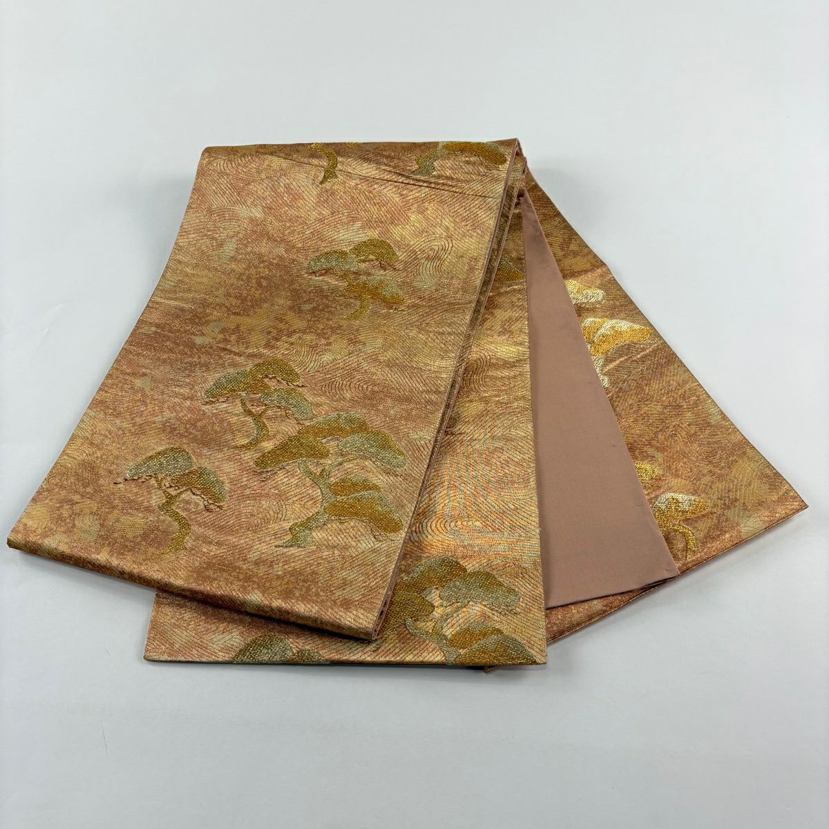【美品】 袋帶 名品級 松樹 金絲 金金箔 淺橙 六通 純蠶絲