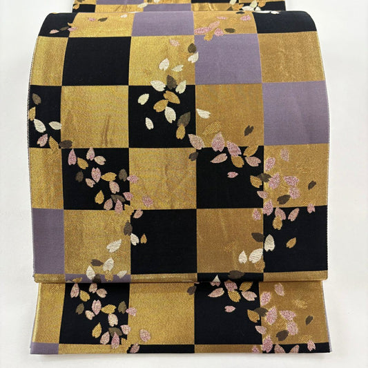 袋帶 名品級 花瓣 市松樹 金絲 金金箔 灰紫 六通 純蠶絲