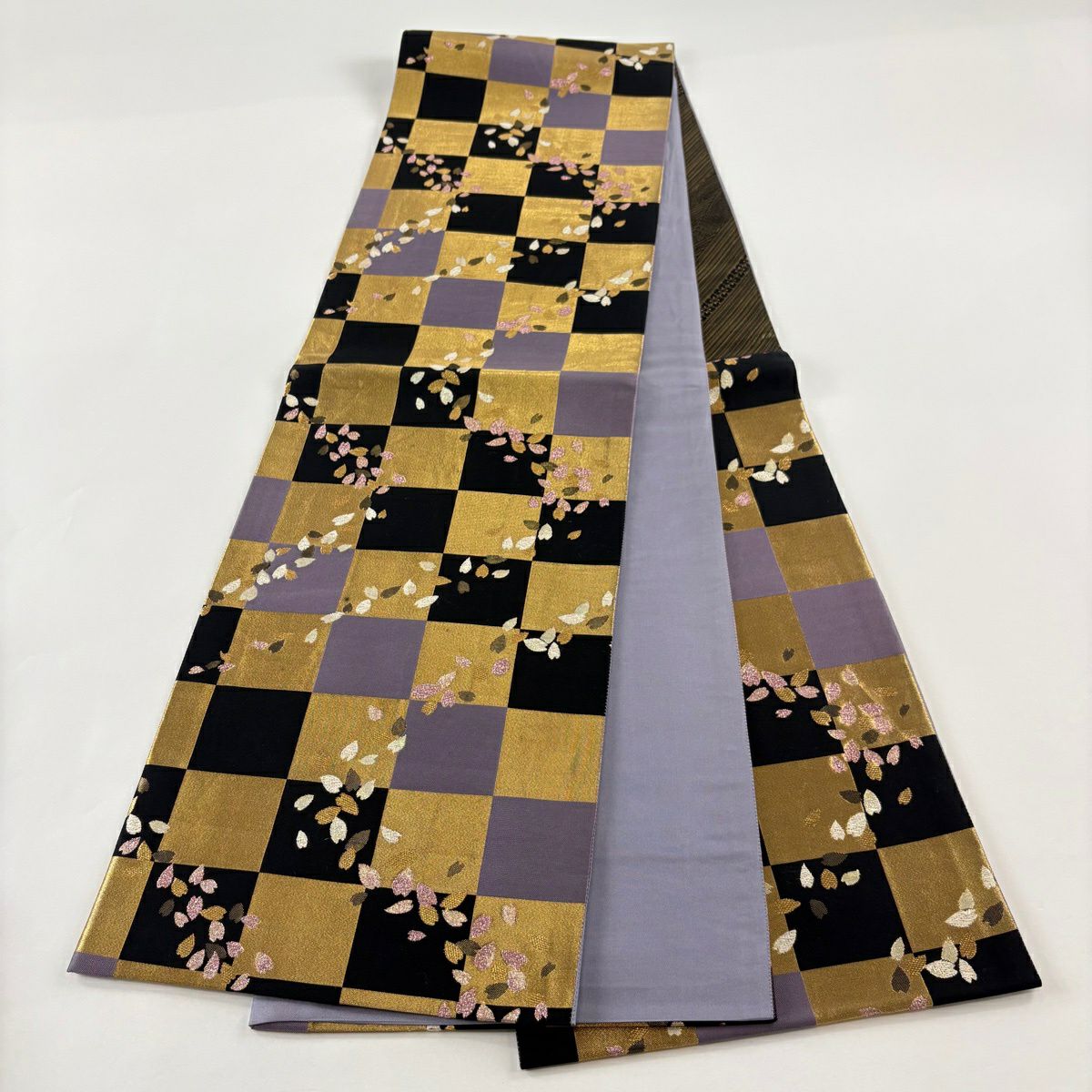 袋帶 名品級 花瓣 市松樹 金絲 金金箔 灰紫 六通 純蠶絲