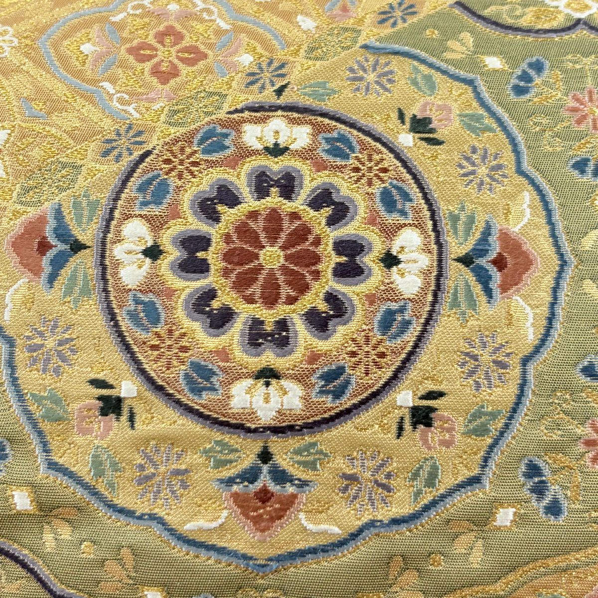 【美品】 袋帶 名品級 鏡裏文 草花紋 金絲 金金箔 金色 六通 純蠶絲