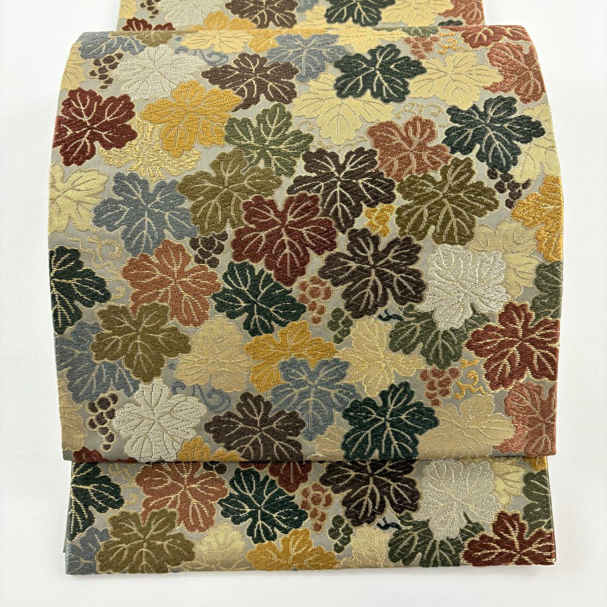 【美品】 袋帶 名品級 葡萄紋 唐織 金金箔 灰 深藍 六通 純蠶絲