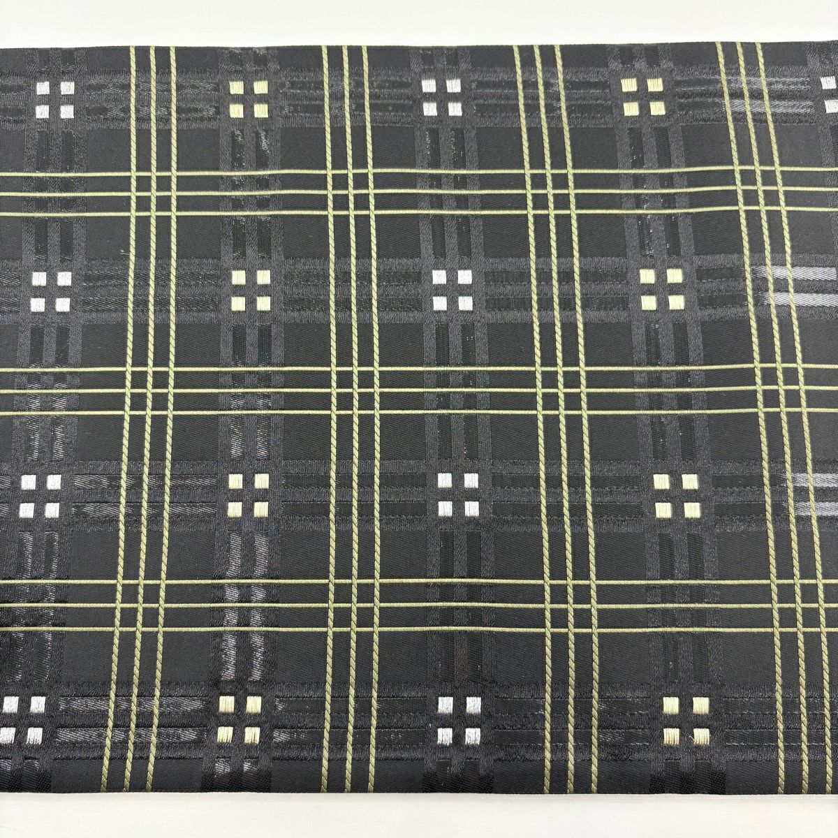 【美品】 袋帶 名品級 格子 金銀彩 黑 六通 純蠶絲