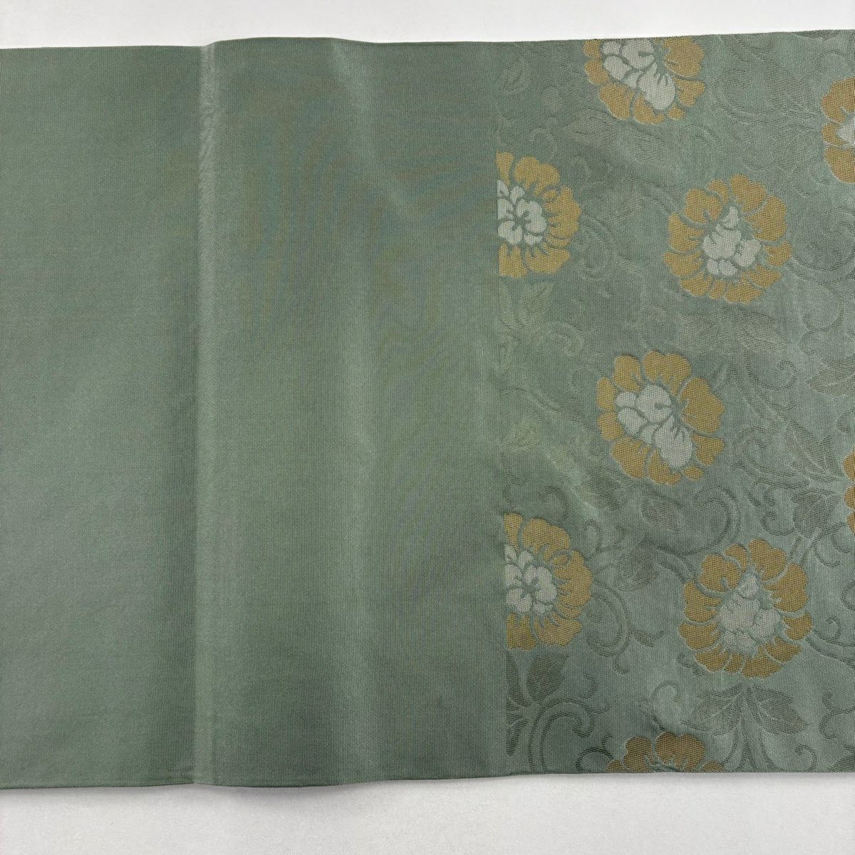【美品】 袋帶 名品級 川島織物 落款あり 關西仕立 花唐草紋 金銀彩 灰綠 六通 純蠶絲