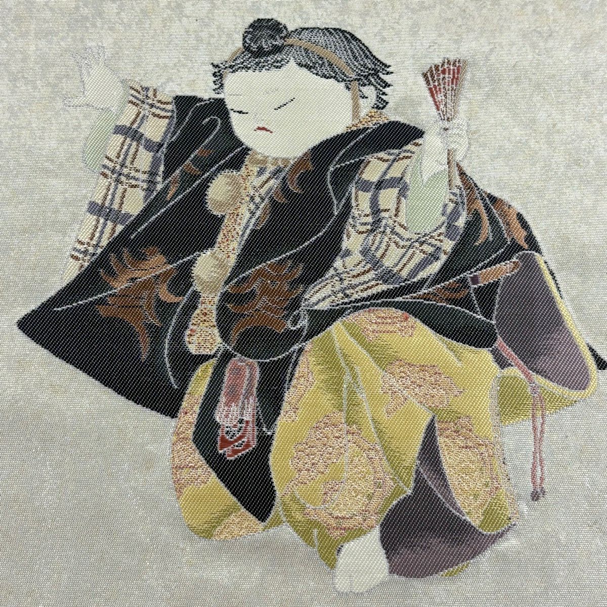【美品】 袋帶 名品級 由水十久監修 落款あり 關西裁縫 童 金絲 金金箔 奶油色 大鼓圖案 純蠶絲