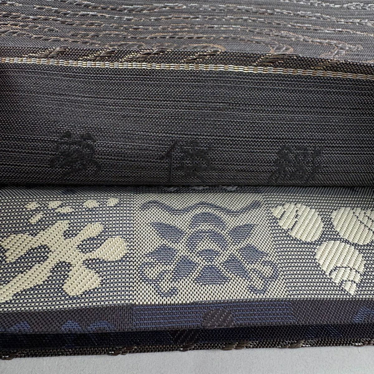 【美品】 袋帶 名品級 夢倭織 雙面 波 金金箔 茶綠 全通 純蠶絲
