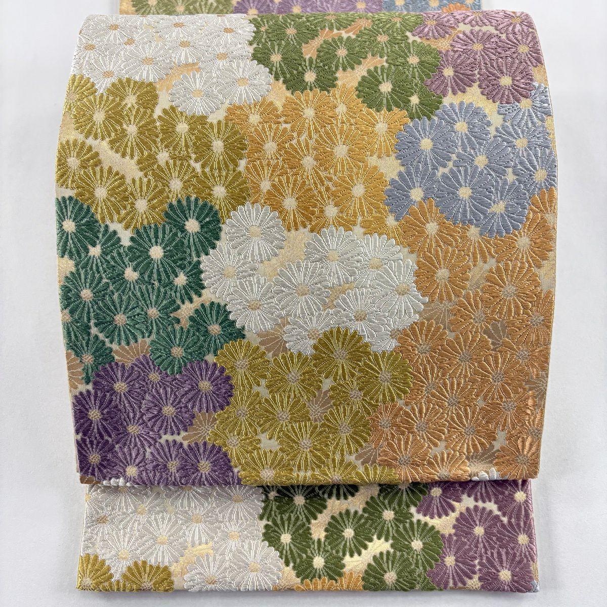 【美品】 袋帶 名品級 纖織唐織 花滿唐織 金金箔 米色 六通 純蠶絲