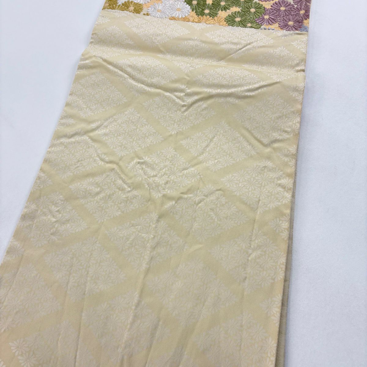 【美品】 袋帶 名品級 纖織唐織 花滿唐織 金金箔 米色 六通 純蠶絲