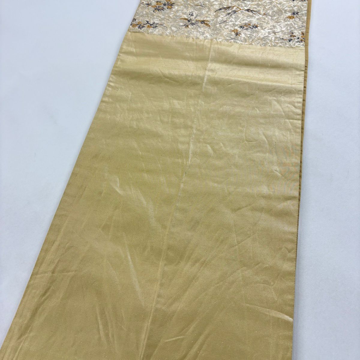袋帶 名品級 加納幸 落款 草花紋 金銀彩 金金箔 米色 六通 純蠶絲
