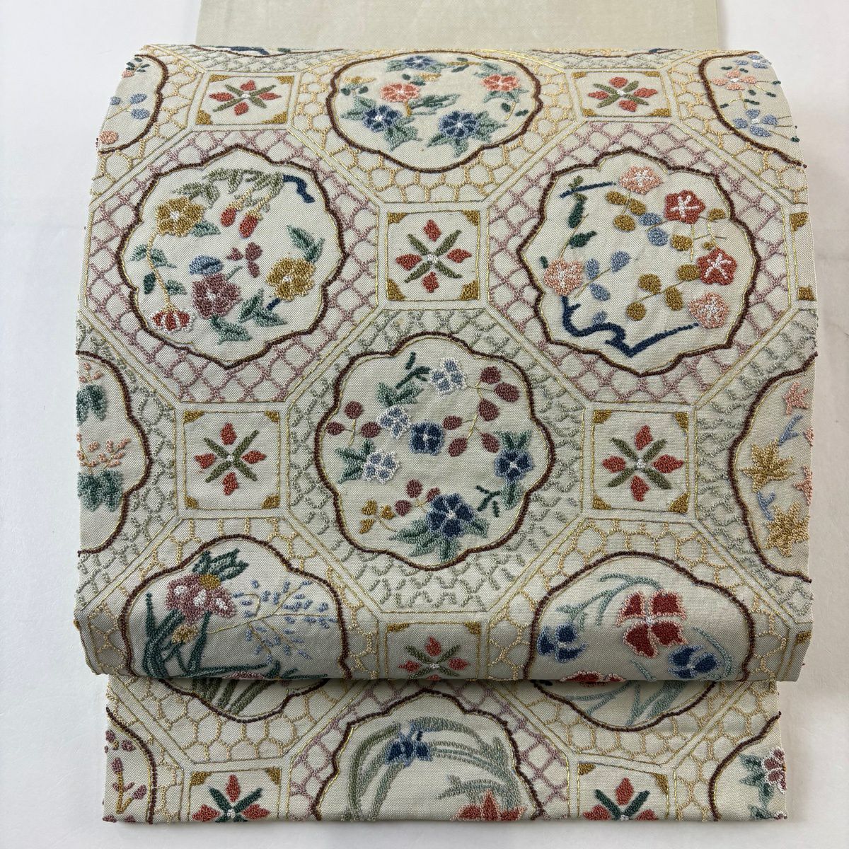 袋帶 逸品級 蜀江文 草花紋紋 相良刺繡 金線 淺綠色 大鼓圖案 純蠶絲