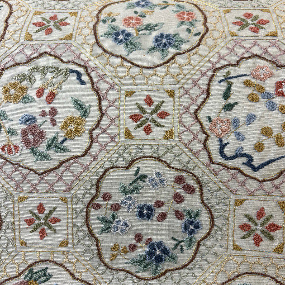 袋帶 逸品級 蜀江文 草花紋紋 相良刺繡 金線 淺綠色 大鼓圖案 純蠶絲