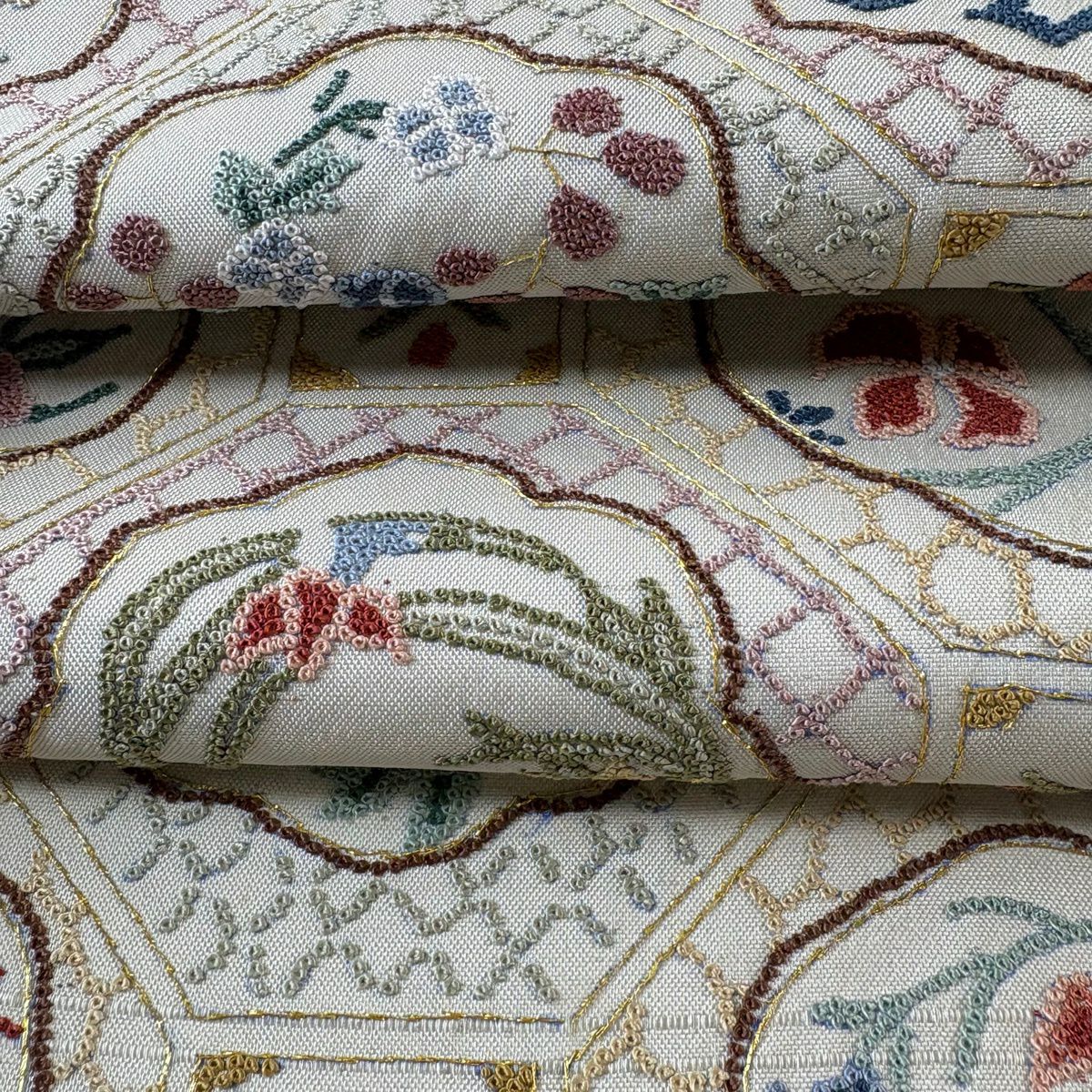 袋帶 逸品級 蜀江文 草花紋紋 相良刺繡 金線 淺綠色 大鼓圖案 純蠶絲