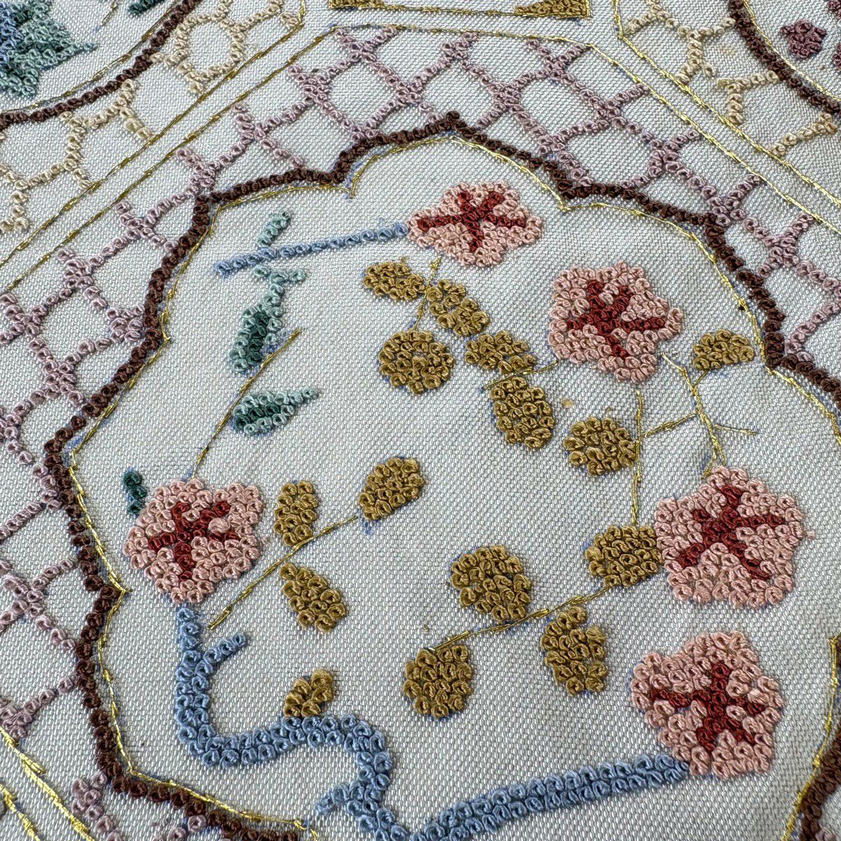 袋帶 逸品級 蜀江文 草花紋紋 相良刺繡 金線 淺綠色 大鼓圖案 純蠶絲