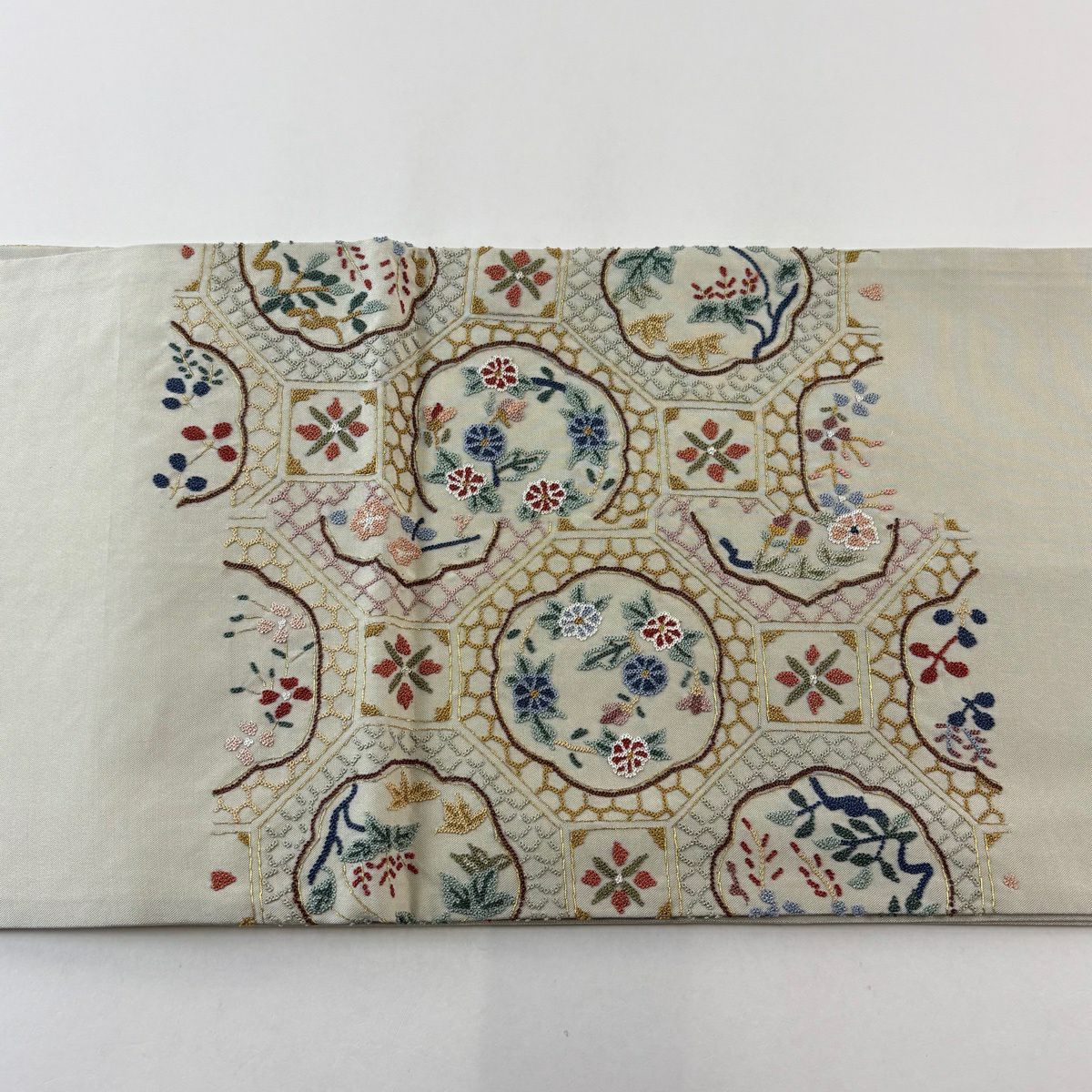 袋帶 逸品級 蜀江文 草花紋紋 相良刺繡 金線 淺綠色 大鼓圖案 純蠶絲