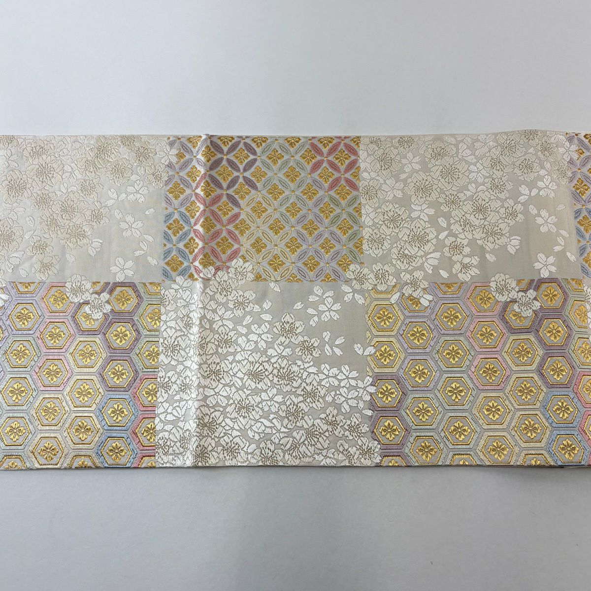 【美品】 袋帶 逸品級 七寶紋 櫻花 金絲 唐織 奶油 六通 純蠶絲