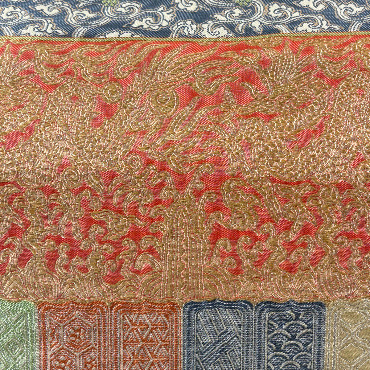 【美品】 袋帶 逸品級 龍村晋 落款 龍 花唐草紋 金銀絲 米色 大鼓圖案 純蠶絲