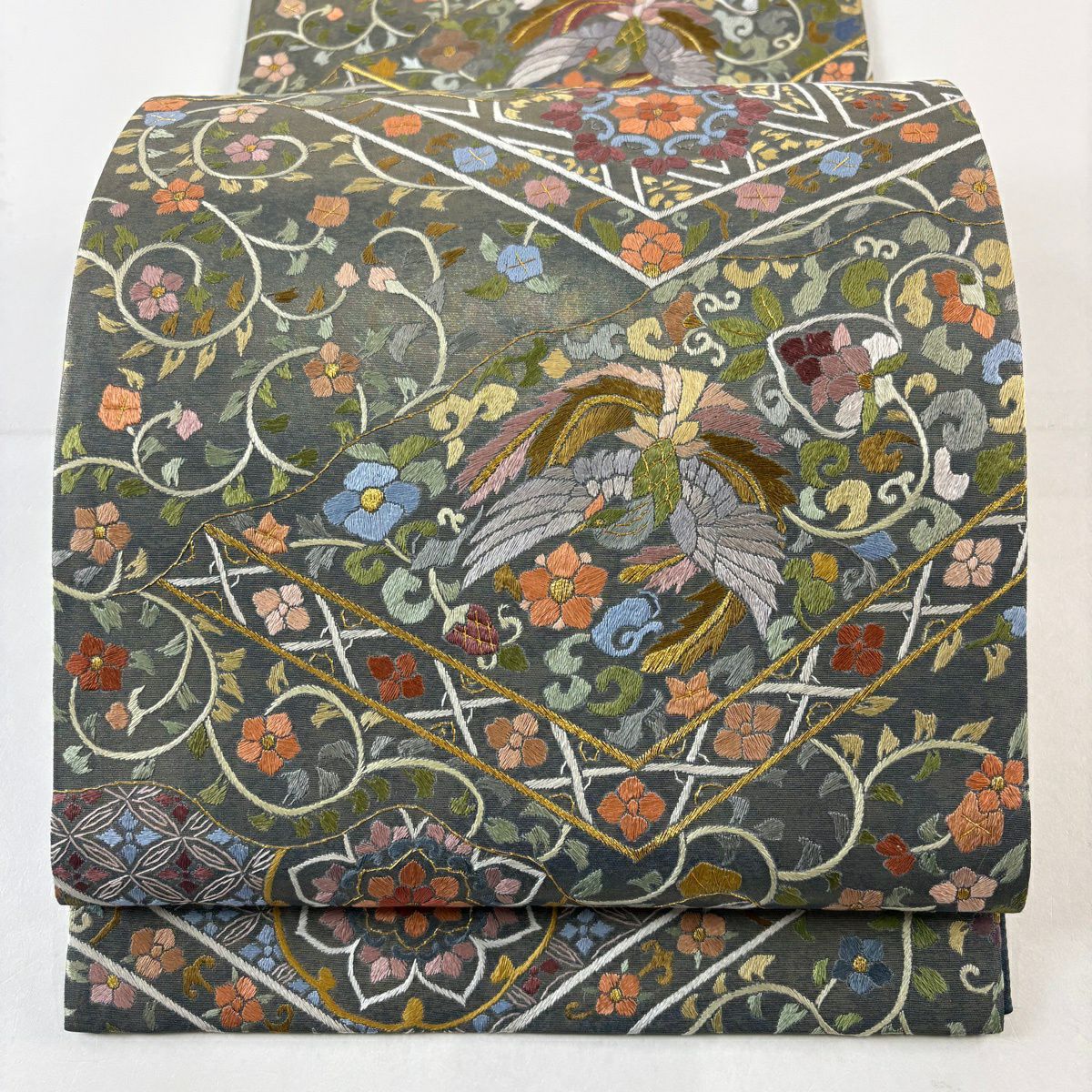 【美品】 袋帶 逸品級 仙鶴 華紋 刺繡 金糸 深綠 六通 純蠶絲