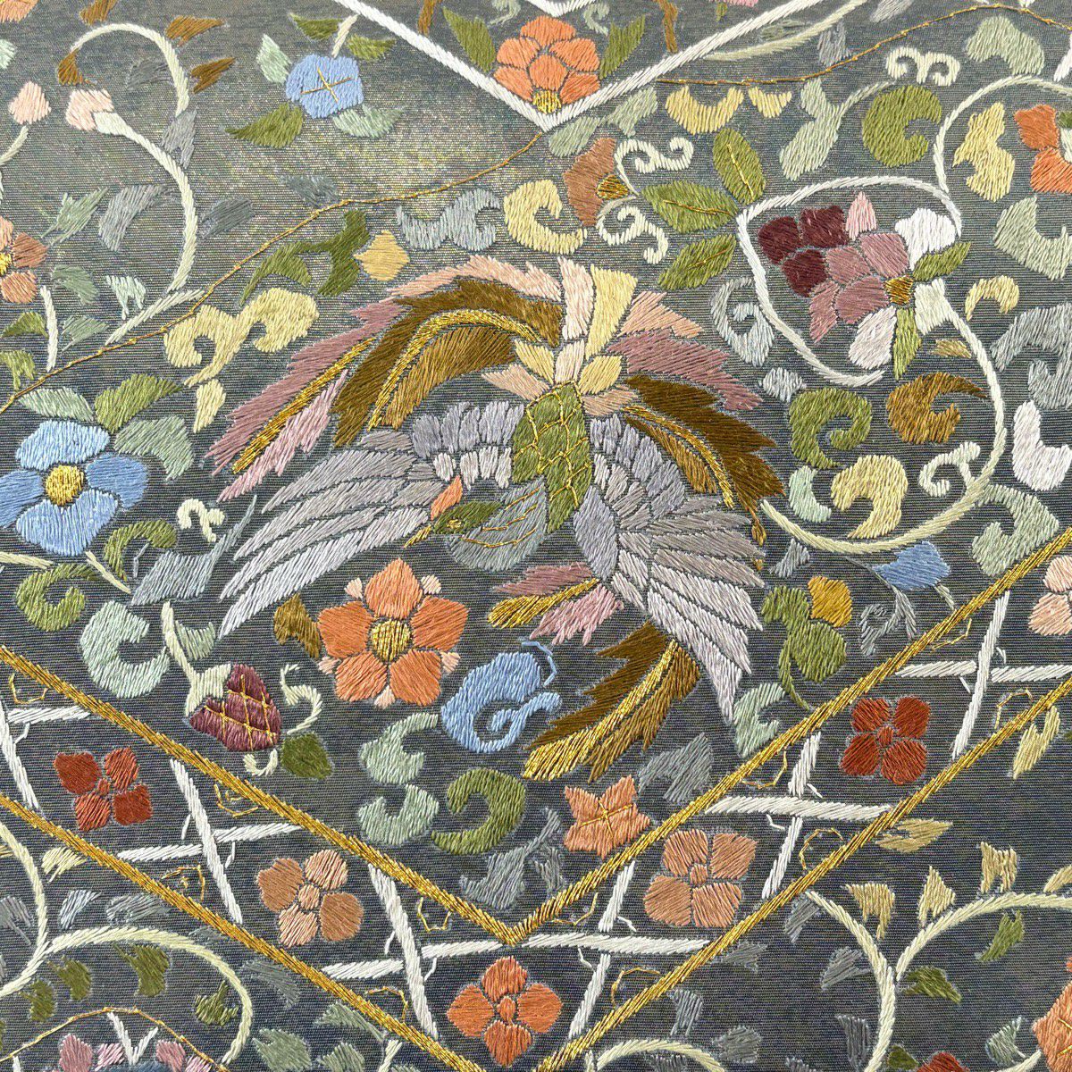 【美品】 袋帶 逸品級 仙鶴 華紋 刺繡 金糸 深綠 六通 純蠶絲