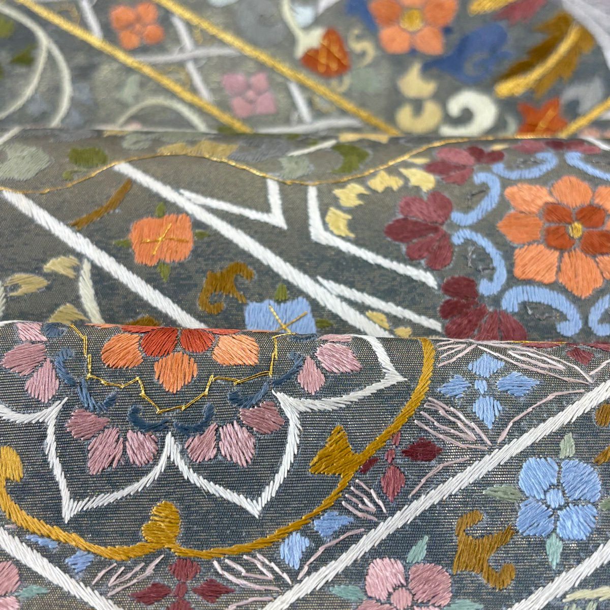 【美品】 袋帶 逸品級 仙鶴 華紋 刺繡 金糸 深綠 六通 純蠶絲