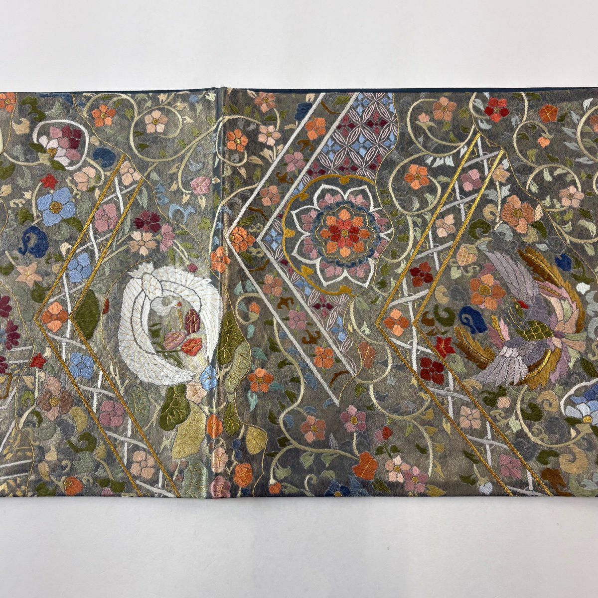 【美品】 袋帶 逸品級 仙鶴 華紋 刺繡 金糸 深綠 六通 純蠶絲