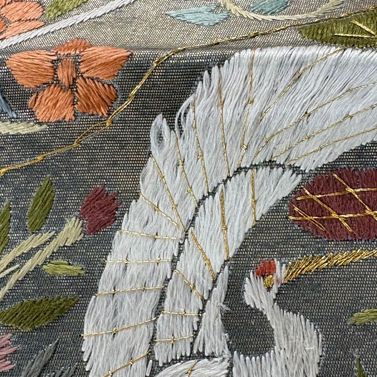 【美品】 袋帶 逸品級 仙鶴 華紋 刺繡 金糸 深綠 六通 純蠶絲