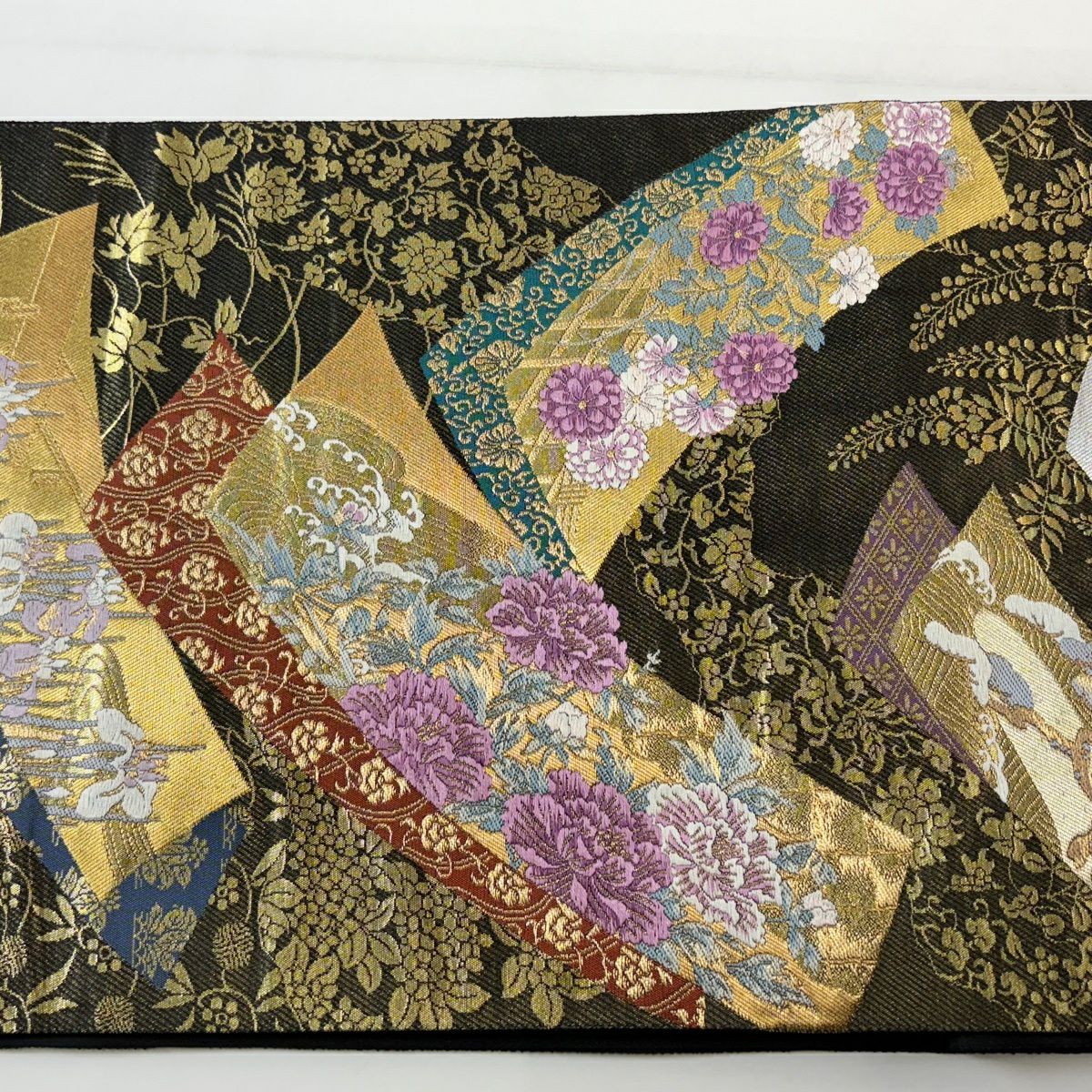 【美品】 袋帶 逸品級 じゅらく 落款あり 帝王紫 草花紋紋 短冊刺繡 金金箔 黑 お太鼓柄 純蠶絲