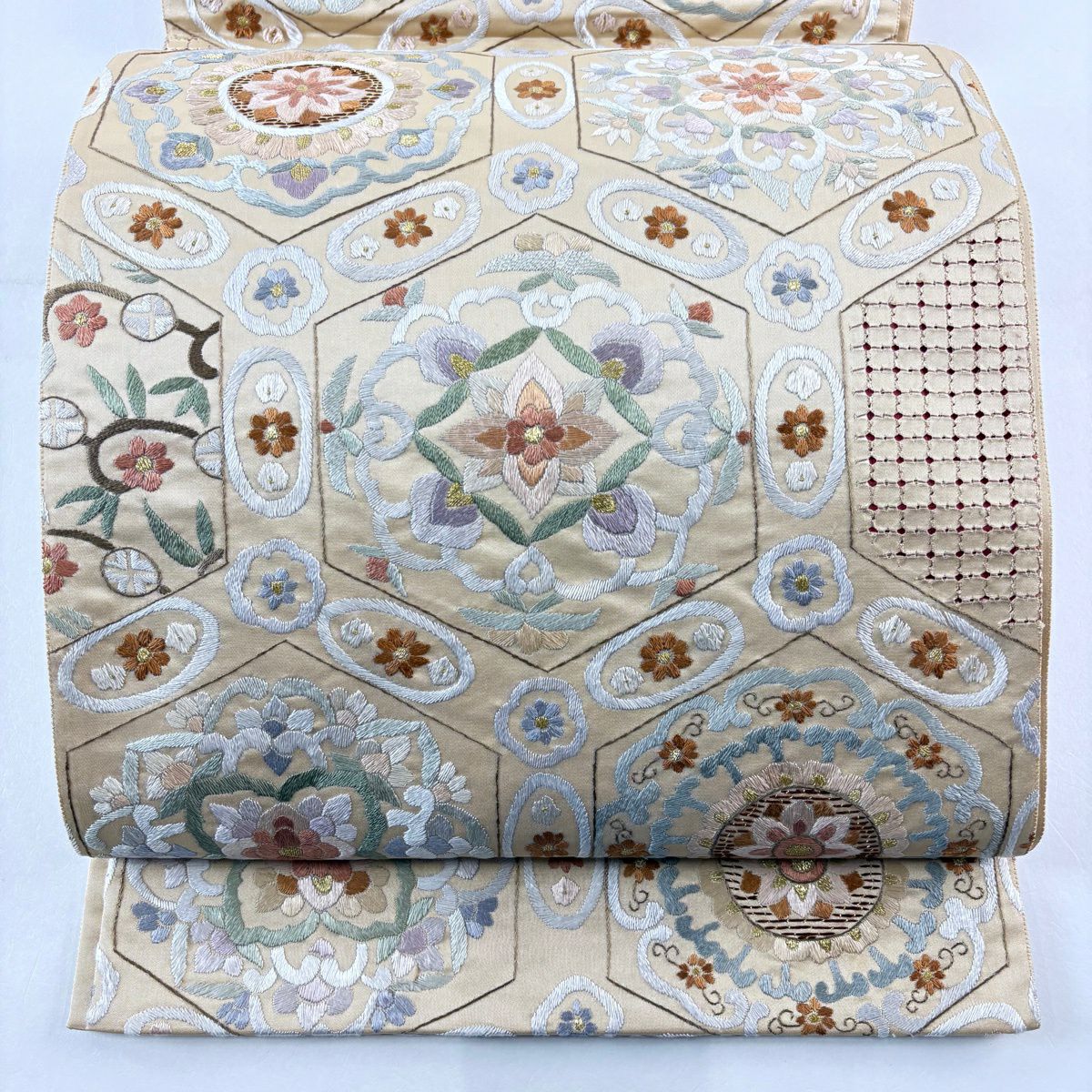 袋帶 逸品級 華紋 花 刺繡 金線 米色 六通 純蠶絲