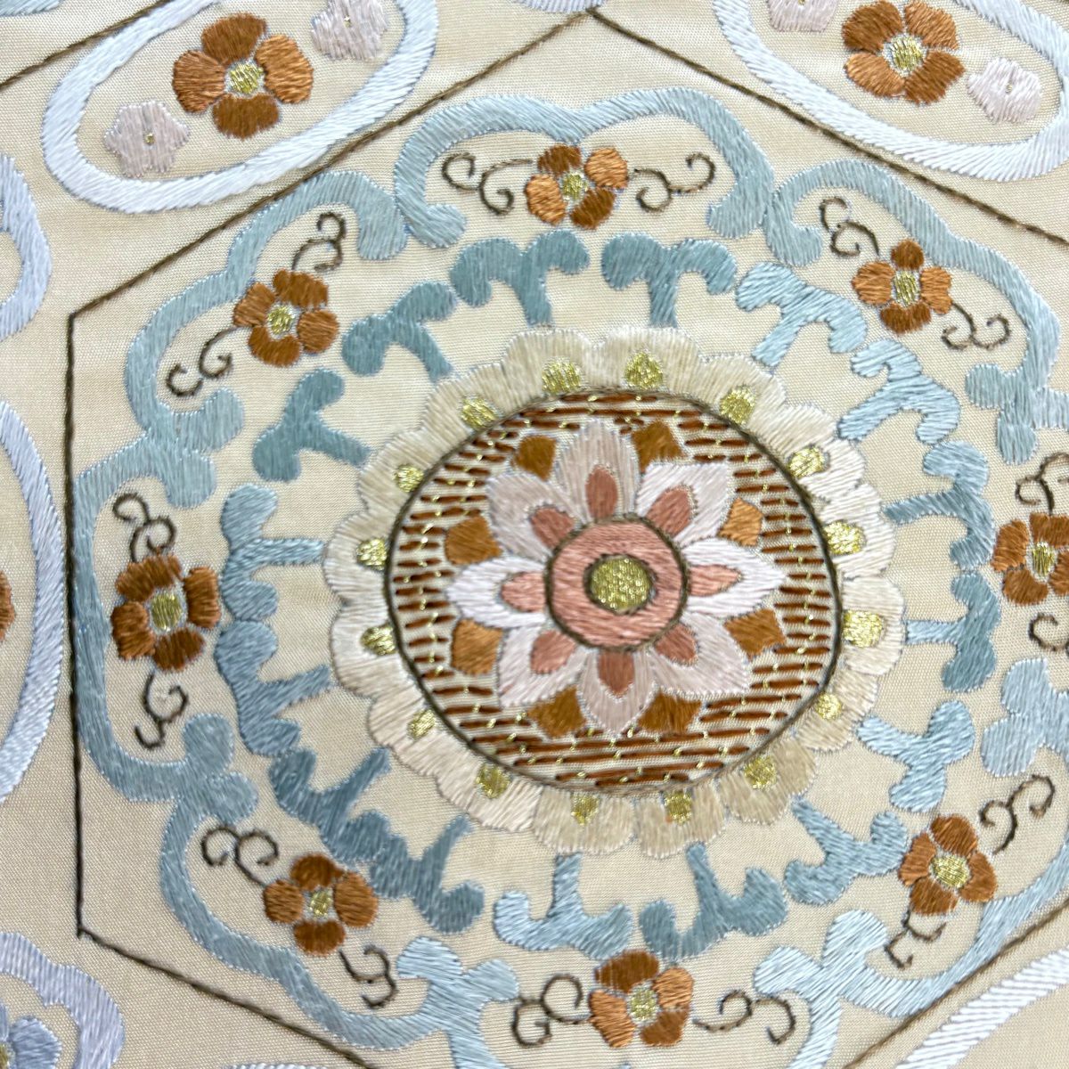 袋帶 逸品級 華紋 花 刺繡 金線 米色 六通 純蠶絲