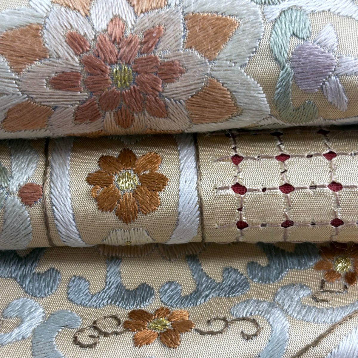 袋帶 逸品級 華紋 花 刺繡 金線 米色 六通 純蠶絲