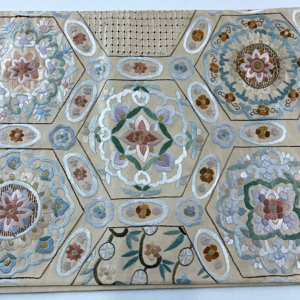 袋帶 逸品級 華紋 花 刺繡 金線 米色 六通 純蠶絲