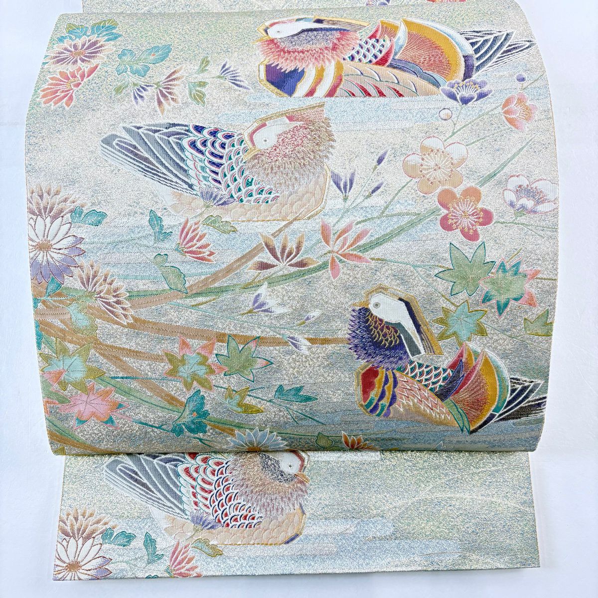 【美品】 袋帶 逸品級 鴛鴦 枝梅花 金金箔 淺綠 お太鼓圖案 純蠶絲